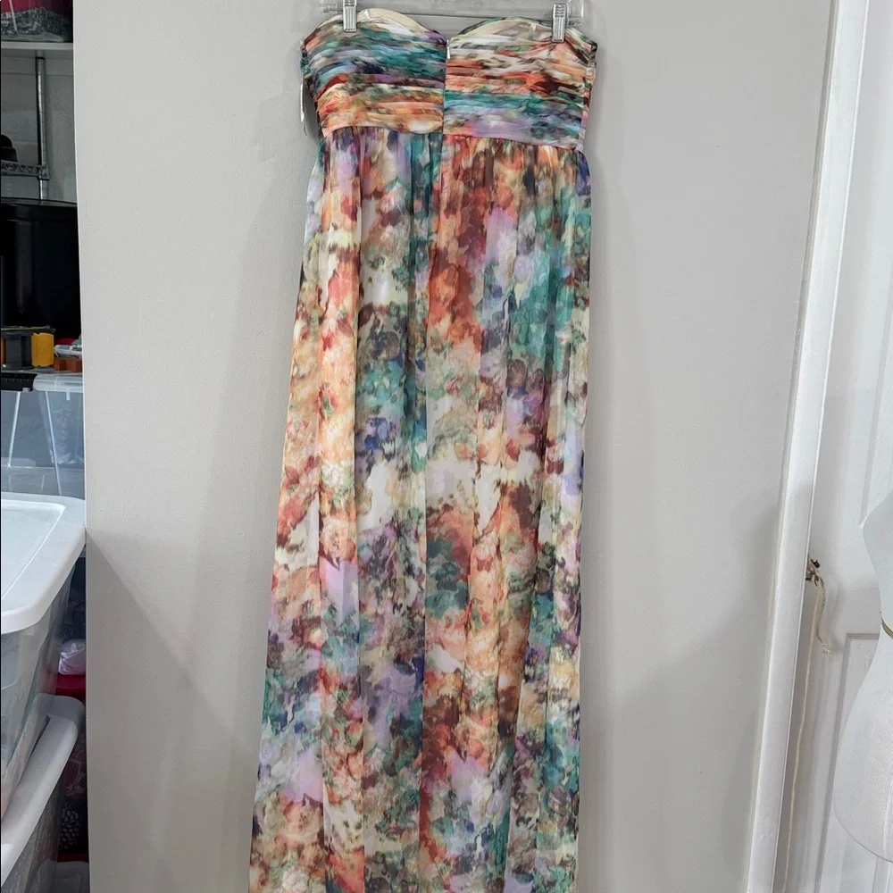 NWT Aidan Mattox Strapless Floral Watercolor chiffon formal Maxi Dress wedding - Picture 5 of 9